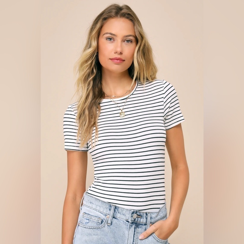 LULU’S Kinship Black And White Striped Ribbed Bodysuit - Picture 3 of 4